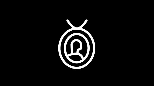 Minimalist white outline icon of a profile silhouette within a locket on a black background
