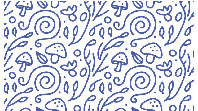 Vibrant blue and white whimsical seamless pattern with mushrooms leaves swirls on white background