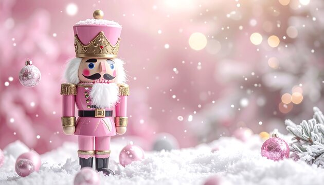 Pink nutcracker stands amidst snowy scene with ornaments and blurred lights in the background