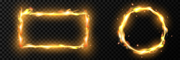 Burning Fire Frames Rectangle and Circle Isolated on Transparent Background