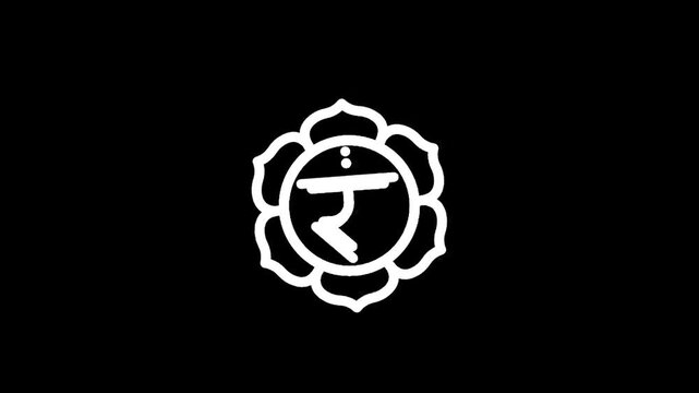 White outline of the Muladhara chakra symbol with the Rupee symbol inside on black background