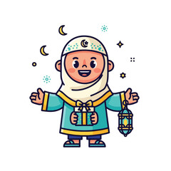 Happy Muslim kid holding gift and lantern on white background