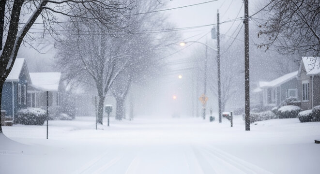 Residential street experiences heavy snowfall with low visibility, houses barely visible. Intense winter storm creates heavy snowfall with low visibility, neighborhood appears isolated.