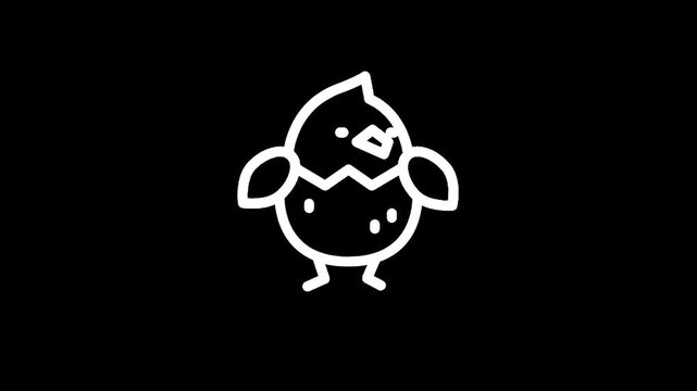 Cute cartoon chick hatching from an egg, simple line art icon on black background