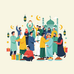 Diverse Muslim community gathering for Eid celebration with mosque in background