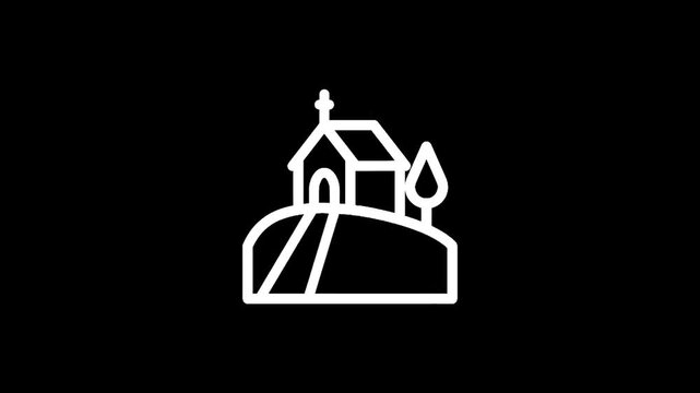 Simple line art icon of a small church on a hill with a path and a tree