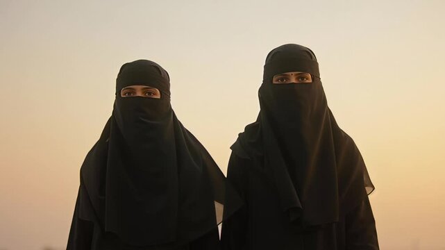 Two women in traditional niqabs standing together at sunset.