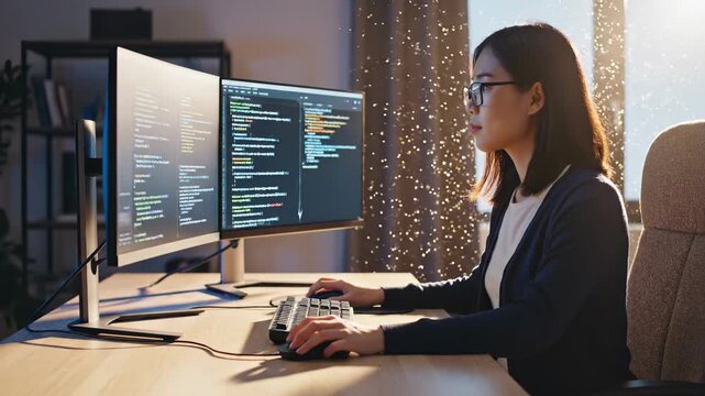 Female developer coding on a computer at night. This IT professional works from her home office, programming software. The developer is focused on her computer. This shows remote work and software dev