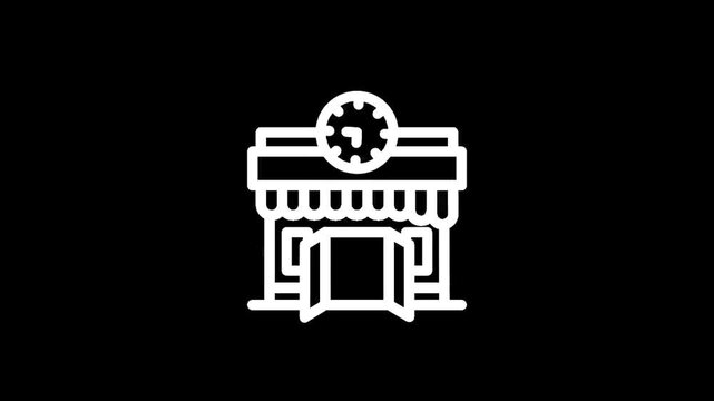 Simple line art icon of a storefront with an open door and a clock above
