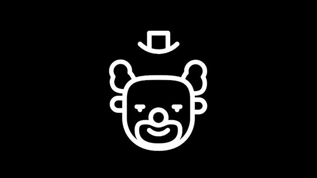 Simple white line art icon of a clown face with a top hat on a black background