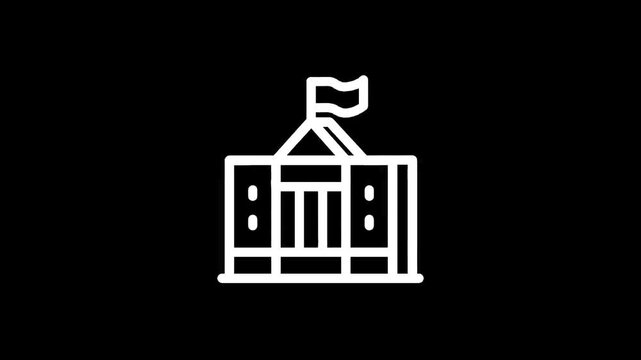 Stylized white outline of a government building with a flag on a black background