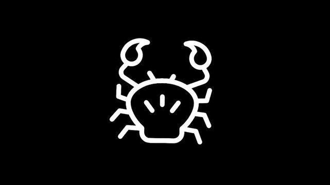 Simple white crab icon on a black background, minimalist vector illustration