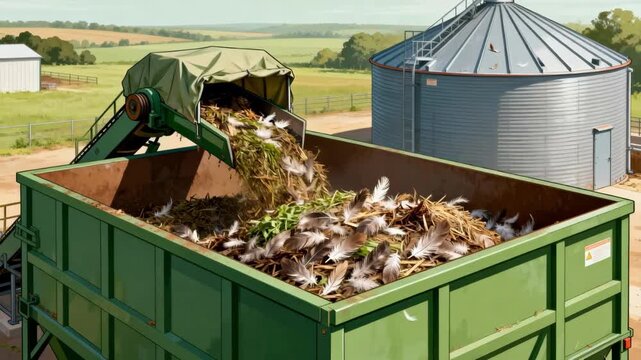 Rendering operation medium frame capturing transfer of feathers and organic waste using covered augers into outdoor storage silos highlighting sustainable waste handling