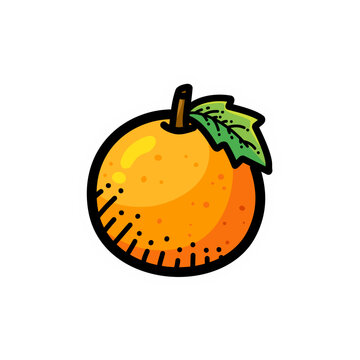 Vibrant cartoon illustration of a fresh orange with a green leaf and stem, depicted with a bold outline and bright colors.