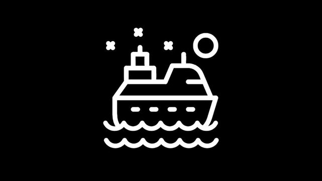 Simple white line art icon of a cruise ship sailing on wavy water under a sun