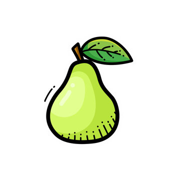 Vibrant cartoon illustration of a fresh green pear with a leaf and stem, featuring a playful doodle style.