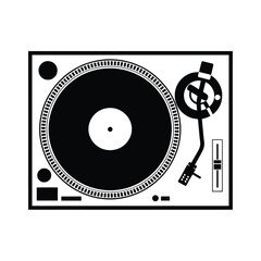 A minimalist black and white illustration of a vintage record turntable