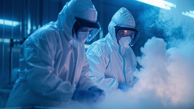 Two scientists in protective gear work with liquid nitrogen on a lab bench. The laboratory is bright and filled with smoke created by the cold substance. The scene takes place at night