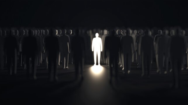 Persona brillante entre siluetas oscuras de multitud, Individuo destacado liderazgo inspirador en grupo, Banner publicidad persona sobresaliente marca premium