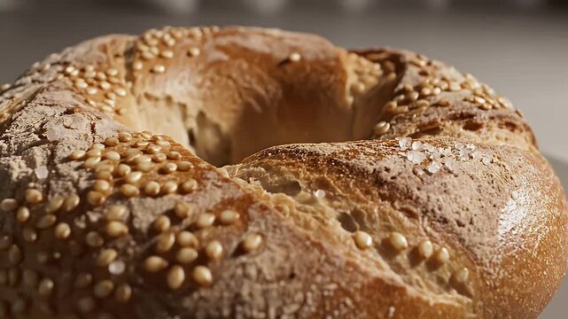 Close up of rustic sourdough bread ring topped with pine nuts and seeds