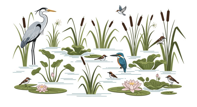 Vector illustration of a wetland ecosystem on World Wetlands Day featuring a heron, duck, birds, river, lake, and lily pads with cattails and flowers, promoting nature and conservation.