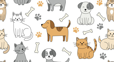 Obraz premium Cute cartoon cats and dogs with friendly faces are featured in a playful seamless pattern with bones, paw prints, and colorful accents.