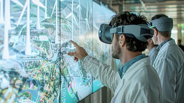 In a lab, two scientists wear virtual reality headsets. One points at a large screen displaying a detailed energy project. They are collaborating on renewable energy solutions