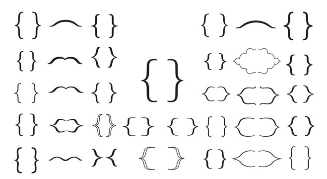 Collection of diverse bracket and brace symbols in various styles and weights used for typography, punctuation, and decorative design.