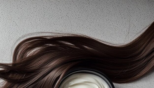 Smooth brown hair extensions laid out in flowing waves on textured gray concrete surface, dark ceramic bowl filled with white creamy hair conditioner or mask with swirl pattern