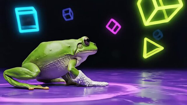 Cool Frog Wearing Sunglasses and Sneakers in a Neon Cyberpunk Environment.