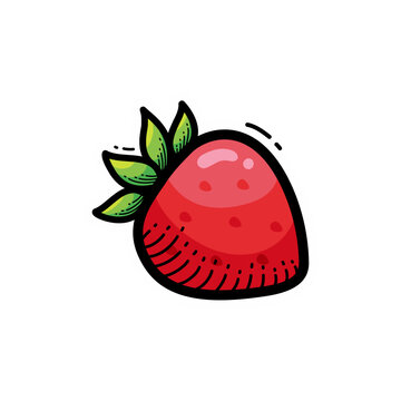 Vibrant cartoon illustration of a fresh red strawberry with green leaves and black outlines on a white background.