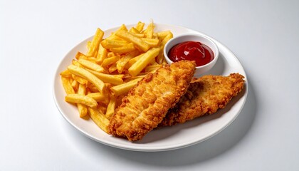 Plate of French fries, chicken tenders, and ketchup.