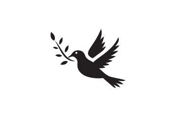 Obraz premium Flying dove with olive branch silhouette icon for peace hope and harmony isolated on white background