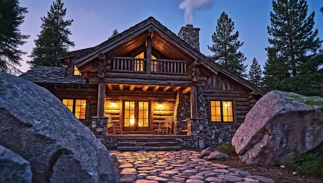 A rustic log cabin at dusk, with warm lights glowing from windows, surrounded by tall pine trees and large natural rocks, a stone path leading to the entrance