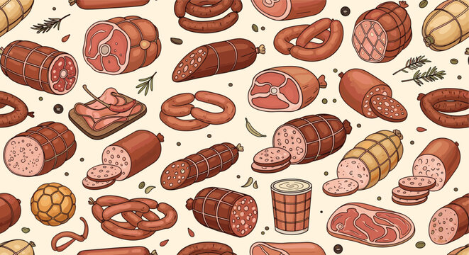 Delicious meat products seamless pattern illustrating a wide variety of sausages, sliced salami, hams, and deli cold cuts on cream.