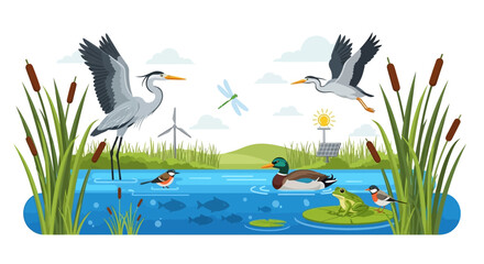 Vector illustration of World Wetlands Day featuring a serene wetland ecosystem with birds, river, lake, and conservation elements. © Asap