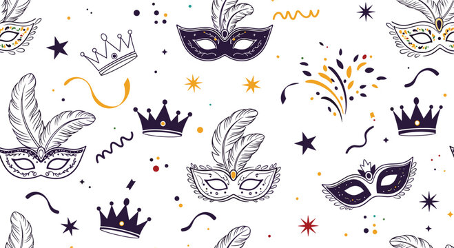 Festive masquerade seamless pattern with ornate masks, royal crowns, stars, and celebratory streamers for party invitation design.