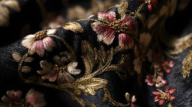 Luxury black silk fabric featuring intricate gold and pink floral embroidery with metallic thread and beaded details