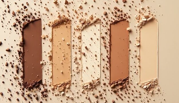 Seven rectangular makeup foundation or concealer swatches arranged in a row, gradual color progression from deep brown on the left through medium tan and beige to light ivory
