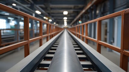 Fototapeta premium Perspective view of a large metal pipe on a conveyor track within a modern industrial factory setting
