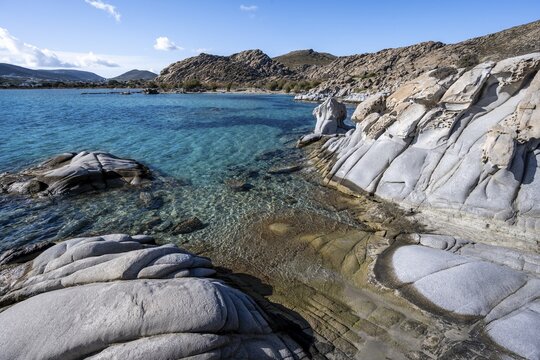 Rock formations on the coast with turquoise sea, Kolimbithres beach, Paros, Cyclades, Aegean Sea, Greece