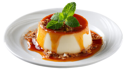 Panna Cotta Dessert with Caramel Sauce and Mint sweet transparent background, PNG