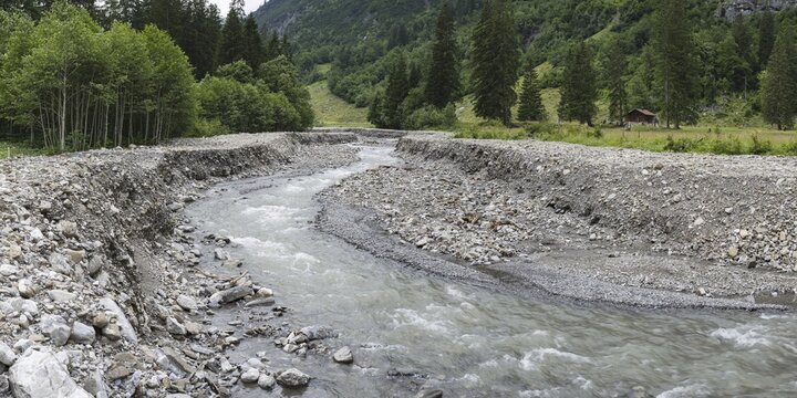 Illegal stream straightening in a nature reserve, Rappenalpbach in the Rappenalptal valley near Oberstdorf, Allg&auml;u Alps, Allg&auml;u, Bavaria, Germany