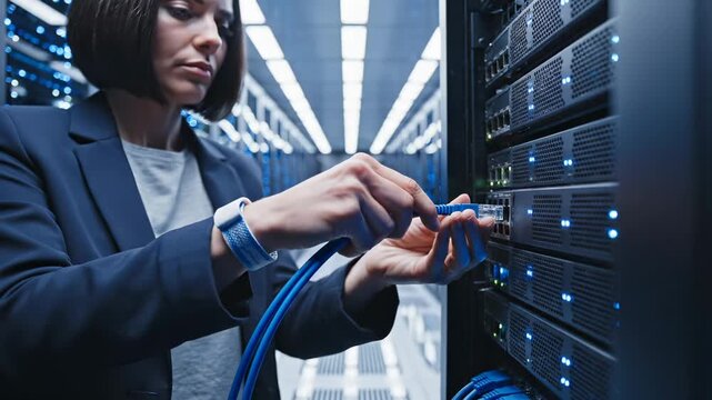 Woman engineer connects ethernet cable to server rack in data center. IT technician installs network cable into server in data center. Professional woman plugs ethernet cable into server rack for netw