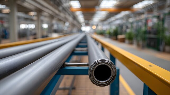 Long metal pipes arranged on a conveyor system inside an industrial manufacturing facility