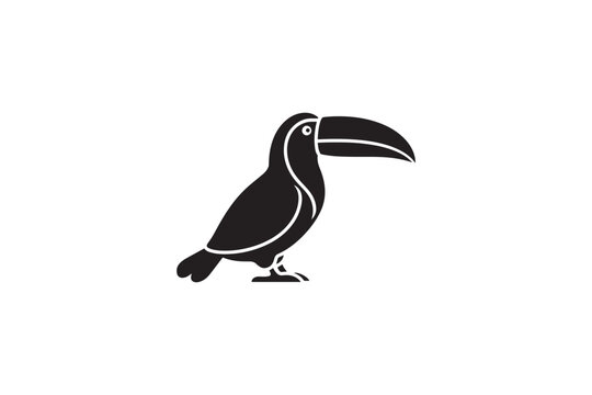 Black toucan bird on white background. Stylized iconic representation of tropical avian creature for design.