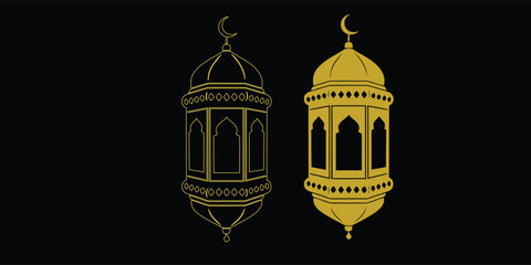 Golden Islamic lanterns hanging on dark background. Elegant Ramadan and Eid decorative vector illustration in luxury line art style. Religious celebration and festive design concept. 