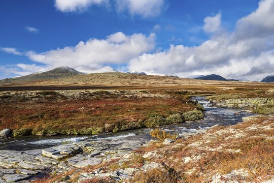 Autumnal mountain landscape with river Store Ula, Rondane National Park, Norway