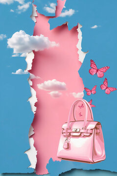 A pink torn paper figure surrounded by butterflies and a floating handbag, set against a tranquil blue backdrop. Whimsical and feminine, blending fashion with fantasy.
