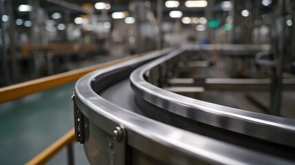 Fototapeta premium Industrial conveyor system curves through a modern factory production line